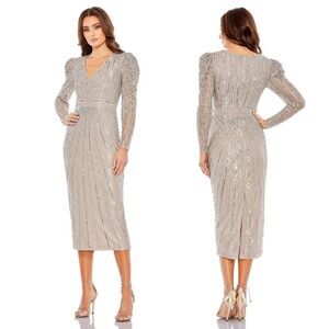 Mac Duggal Silver Sequins Beaded Lace Long Sleeve Midi Dress Size 14 NEW